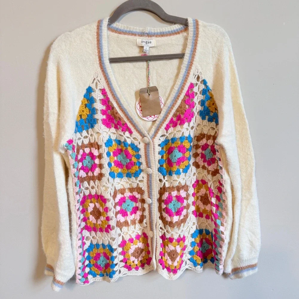 Umgee Crochet Granny Square Cardigan Sweater Womens Large Cream Boho Knit NWT - Picture 1 of 3